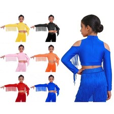 Kids Girls Party Cami Sparkly Dance Tank Shirt Dancewear Tassel Fringe Crop Tops