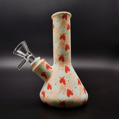 5'' Silicone Hookah Smoking Water Pipe Bong Heart Printed Hookahs W/ Glass Bowl