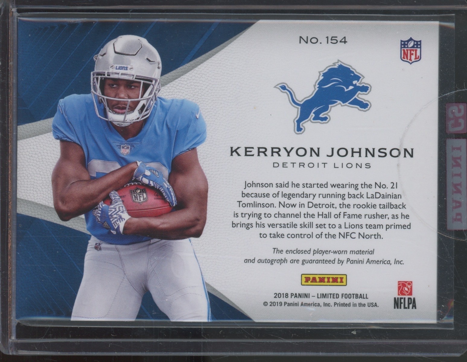 2018 Panini Limited RPA #154 Kerryon Johnson 18/20 Auto Patch RC Rookie view 2