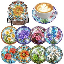 ijbnhd 8 PCS Flowers Diamond Art Coasters Cork Wooden Pad Medium, Flower