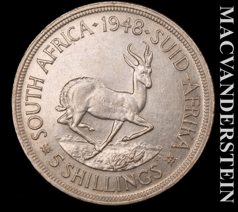 South Africa: 1948 Five Silver Schillings - Scarce  High Grade  Lustrous  #L7381