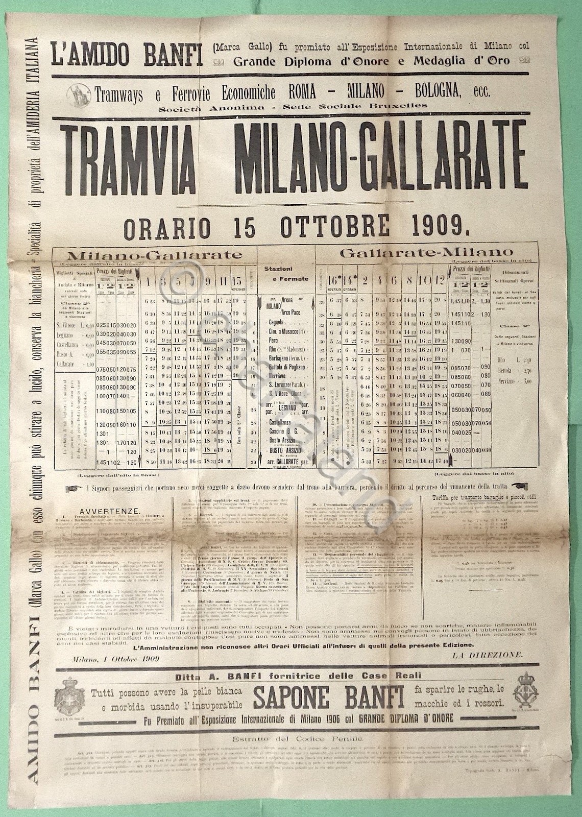 Tramvia Milano - Gallarate - Manifesto Orario 15 Ottobre 1909