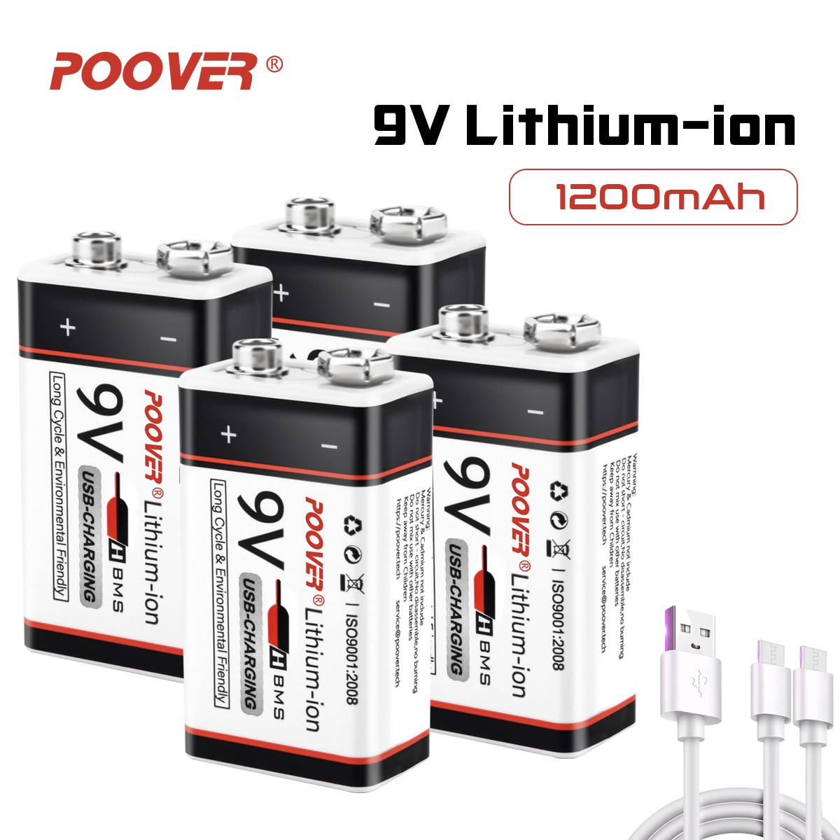 4x 9V 6F22 USB Lithium ion Battery 1200mAh 9 Volt Li-ion Rec