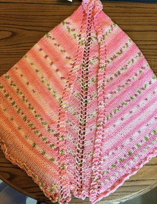 Handmade Crochet Triangle Prayer Shawl Pink Stripe Green w/cross