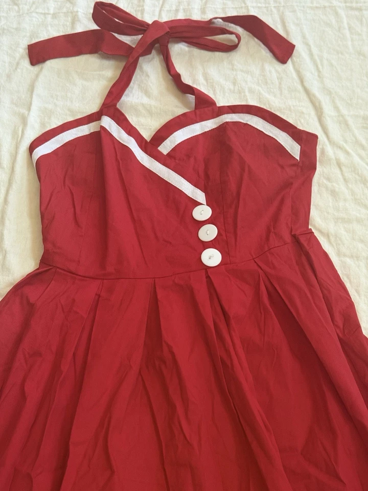 Vtg 风格的红色摇滚挂脖连衣裙白色饰边海报款式 1950 年代 M/L 棉质 — 第 2/4 张图片