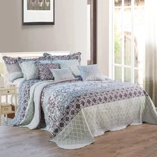 9 Piece Printed Striped Bedspread Set, Soft Lightweight Reversible Quilt Cove...