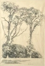 "Lady Trees" Ethel Gabain, Lithograph of Pencil Drawing signed, framed, mounted.