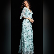 Jovani 26923 Mid Sleeves Embroidered Floral Gown - Mint - 6 - New with tags