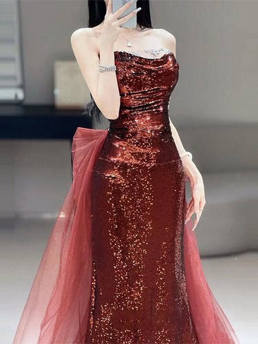 Wine Red Strapless Toast Gown Bride's Banquet Fishtail Dress Wedding Party Dress - Picture 5 of 19