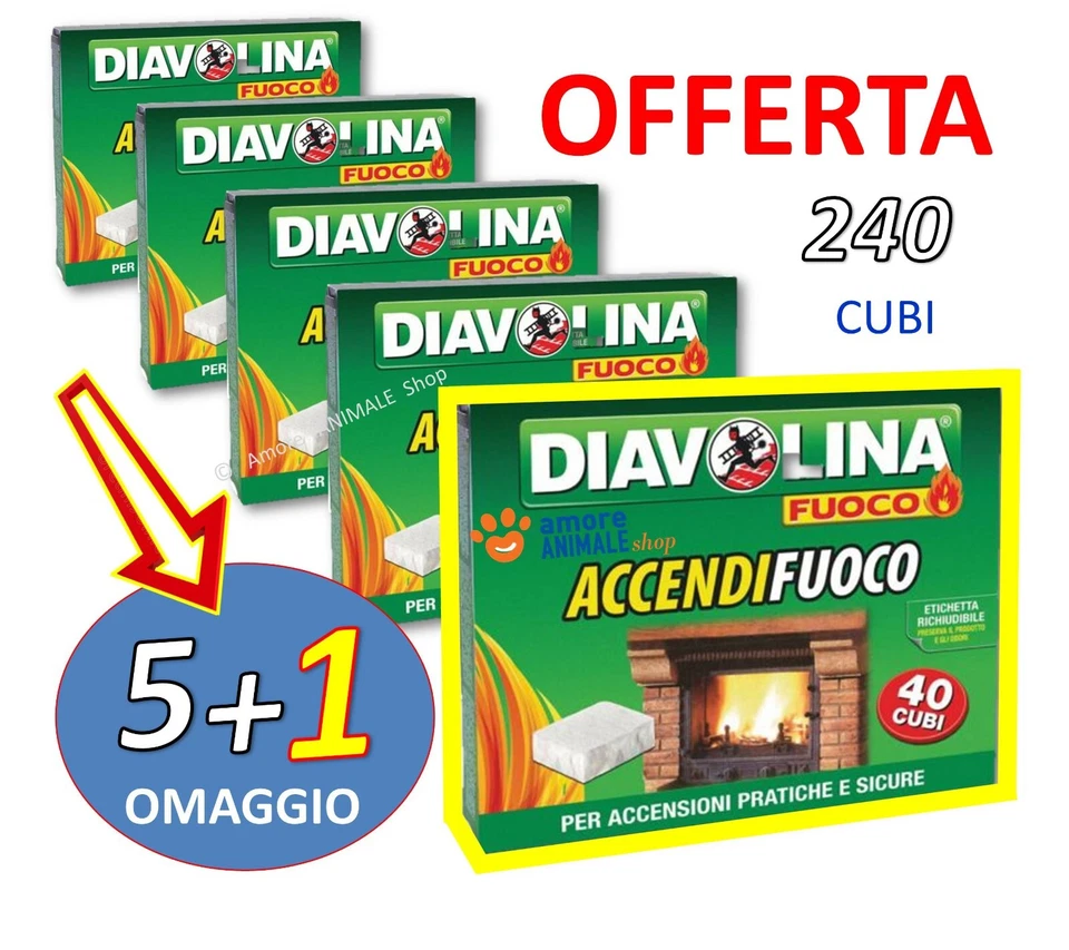 5+1 OMAGGIO → Diavolina ACCENDIFUOCO 40/ 80/ 240 cubi Accendi Fuoco Stufe Camini