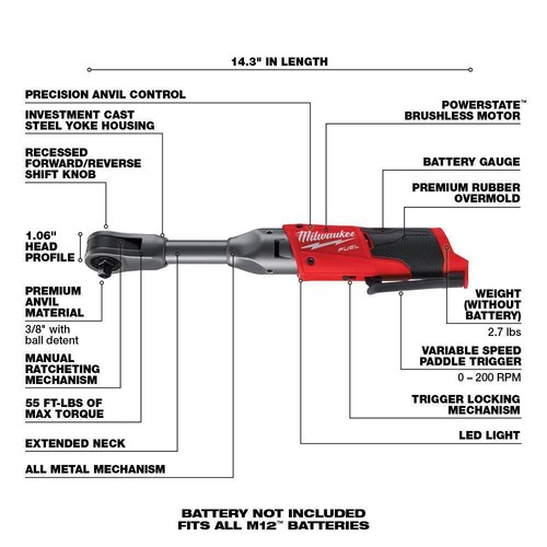 Milwaukee Power Tool Combo Kit 12V Li-Ion Brushless Ratchet 200Rpm+Led(ToolOnly) - Picture 5 of 10