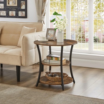 Round End/Side Table With 3-Tier Storage Shelves,Power Outlets for Living Room