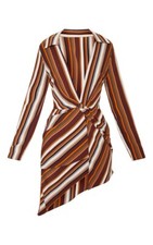 PLT Pretty Little Thing Brown Stripe Tie Waist Asymmetric Shirt Dress size 8