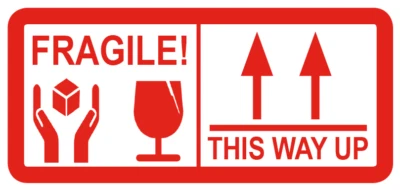 PRICE STICKERS / AUDIOPRINT LTD. FRAGILE - THIS WAY UP - Small Red Postal Sticky Labels / Stickers