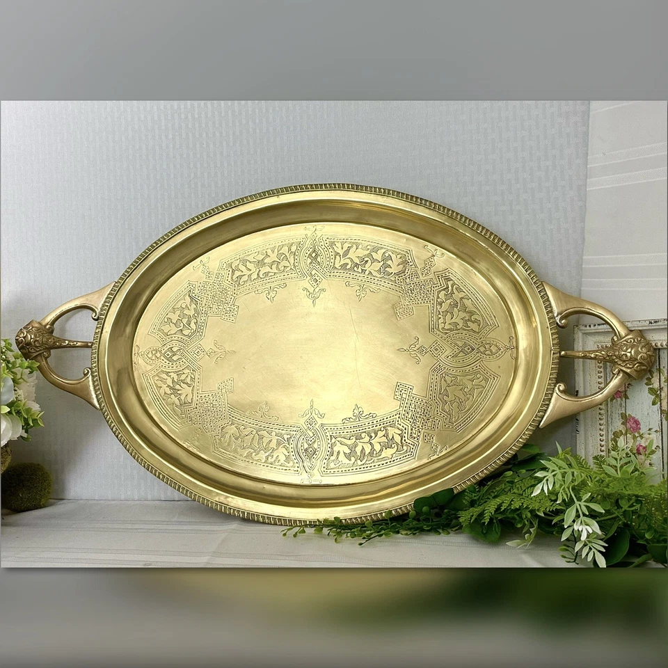 Med Brass Vintage Serving Tray hand etched with handles Mid Century Modern - - Image 2 of 4