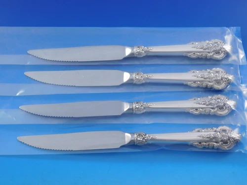 Grande Baroque Wallace Sterling Silver Steak Knife Set 4pc Custom 9 1/4" Serrate
