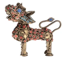 Brass Foo Dog Snuff or Perfume Bottle Figure Inlay 2.5in Tibetan or Chinese 25g