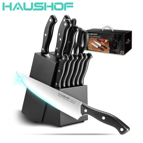 HAUSHOF 14PC Stainless Steel Kitchen Knife Set 6 Steak Knife Razor-Sharp w/Block