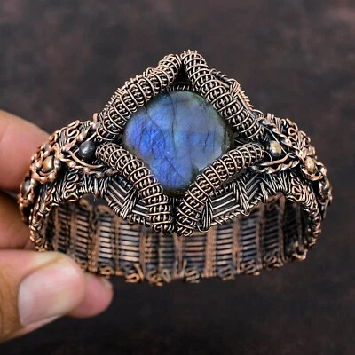 Birthday Gift For Her Labradorite Wire Wrapped Adjustable Bangle Copper Jewelry - Image 1 of 4