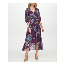 CALVIN KLEIN Womens Purple Elbow Sleeve Tea-Length Evening Faux Wrap Dress 8