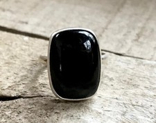 Genuine 925 Sterling Silver Cushion Shaped Gemstone Black Onyx Women's Ring