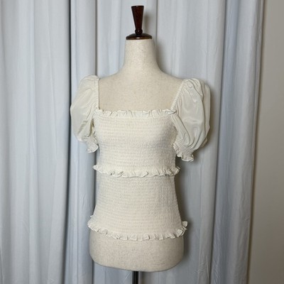 Cinq à Sept Ellis Top Silk Smocked Puff Sleeve White Square Neck Size Large