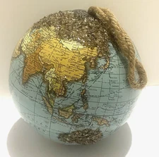 VTG World Globe Ornament Map Earth Ball Glitter Rope Hanger Travel Decor