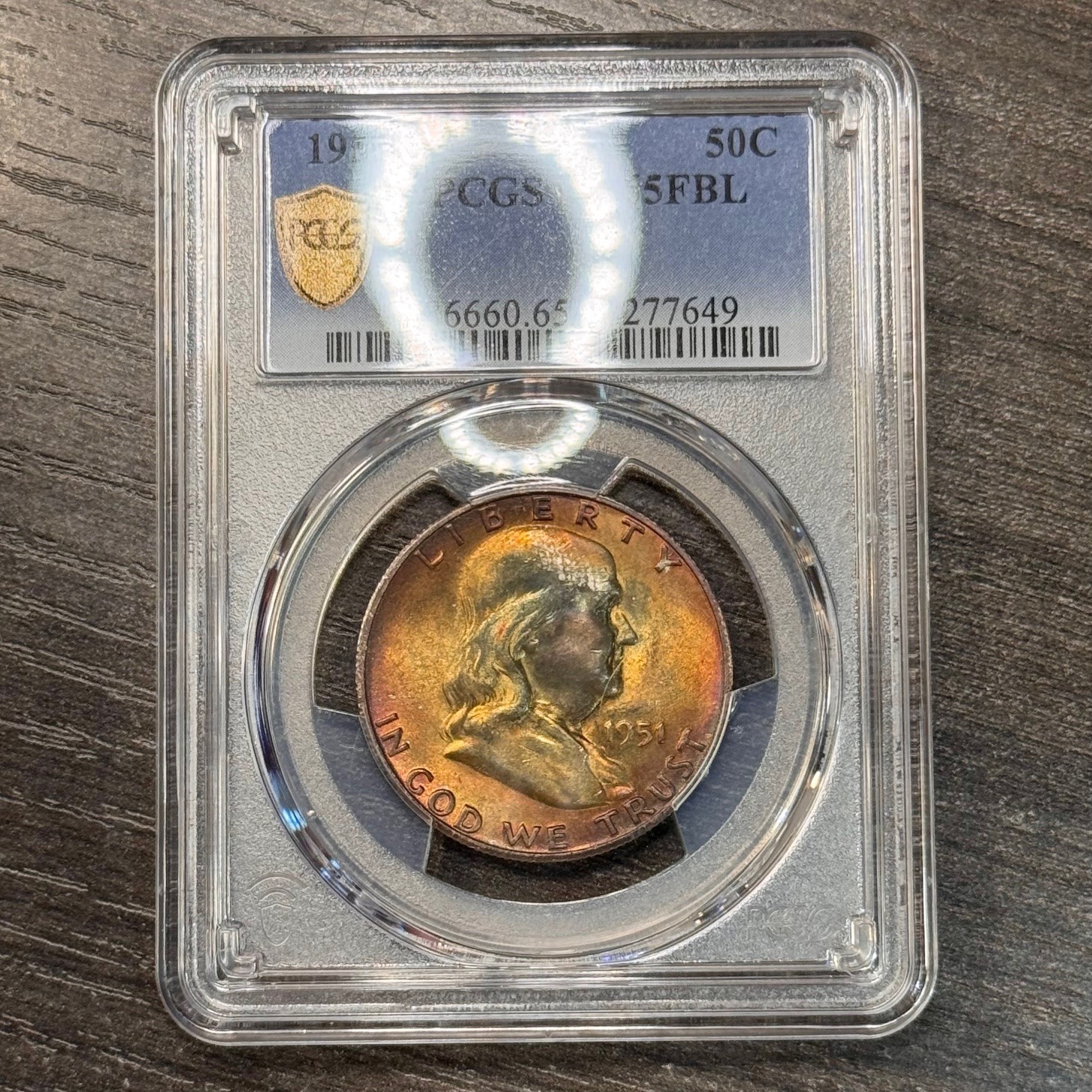 MS65FBL 1951-S 50C Franklin Silver Half Dollar, PCGS Trueview- Rainbow Toned