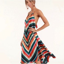 Lulus XS Malia Rainbow Stripe Satin Open Back Halter Midi Dress Cocktail Party