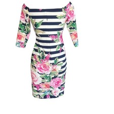 Eliza J Dress Off Shoulder Striped Rose Floral Long Sleeve Size 6