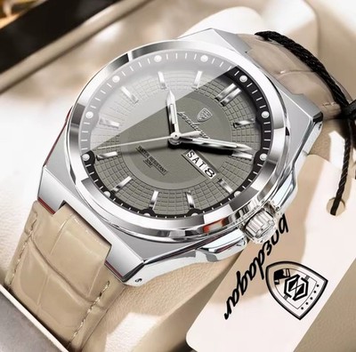 Herren Armbanduhr Quarz Datum Tag Lederband Wasserdicht Leuchtzeiger Sport