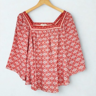 Max Studio Women s Red Boho Peasant Blouse Square Neck Flowy Sleeve Top Size L
