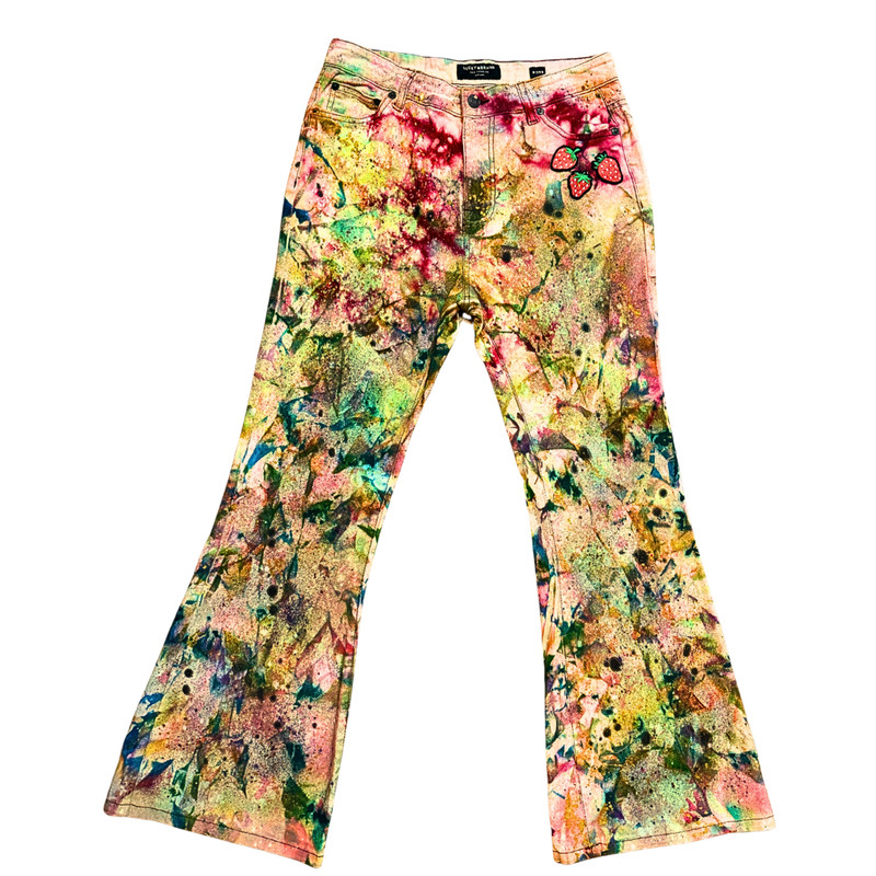 Lucky Brand Size 8 W29 Bootcut Jeans UpCycled Tie Dye Strawberry Patch ArtWear
