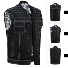 Men's Black Denim Biker Vest Honeycomb Design Concealed Pockets