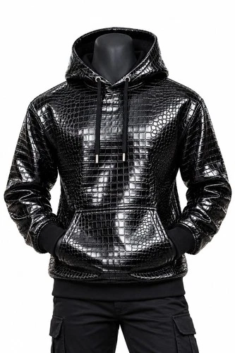 Men’s Glossy Crocodile Embossed Leather Hoodie | Luxury Streetwear Pullover  - product listing photo