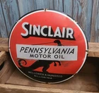 Vintage Sinclair Pennsylvania Motor Oil Porcelain Metal Gas Pump Plate Sign Dino
