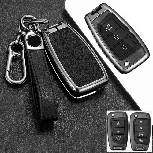 For Hyundai Accent Kona Sonata i30 Zinc Alloy Leather Remote Key Fob Case Cover - Foto 11 di 20