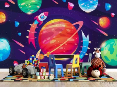 3D Planet Rocket Space Illustration Self-adhesive Removable Wallpaper Murals 4