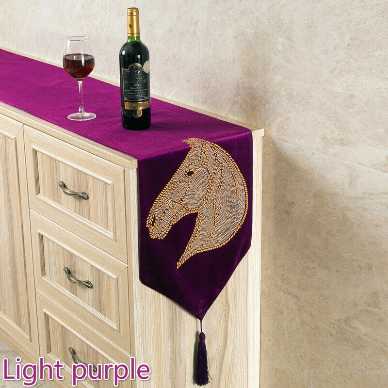 Velvet Table Runner Bed Runner Diamante Tassels Horse Pattern Decor Vintage - Image 4 of 4