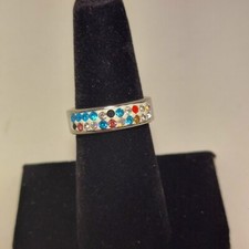 Silver Tone 2 Row Rhinestone Multi-Color Rainbow Ring Size 7 EUC Band