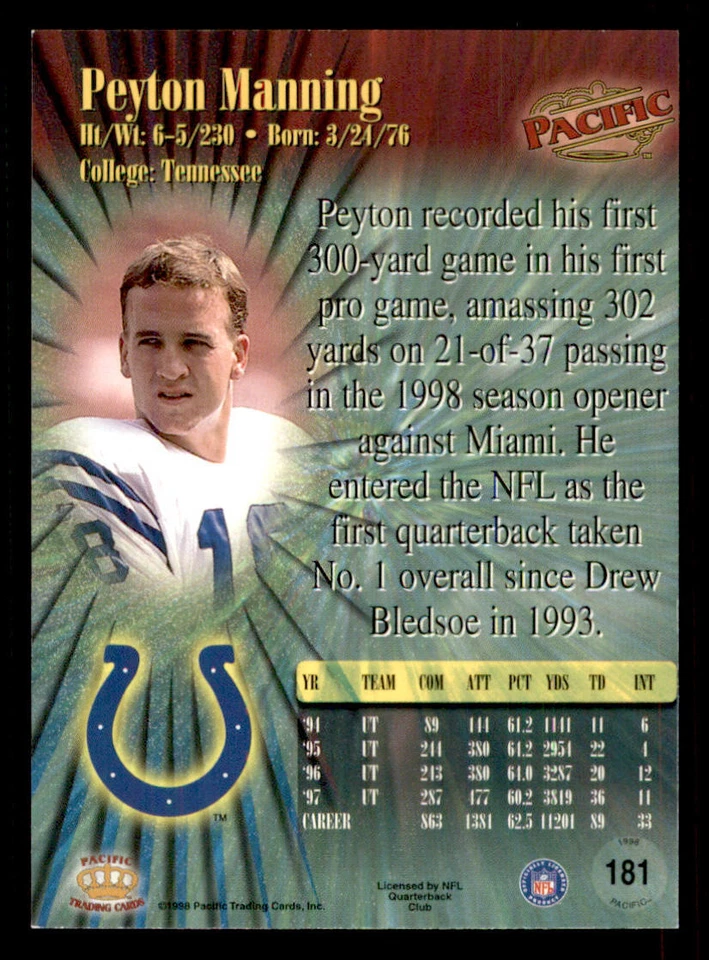 1998 Pacific #181 Peyton Manning RC - Image 2 of 2