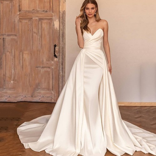 Satin Mermaid Wedding Dresses With Detachable Train Backless Pleated Bridal Gown