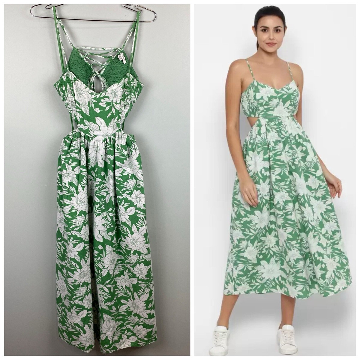 American Eagle green floral linen blend Sunset Midi dress size XS