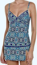 LA BLANCA Tuvalu Tapa Wrap OTS Top Skirtini Blue White Swim Suit Womens 6 8 10