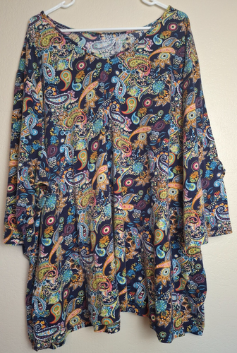 Ulla Popken 36 38 Women's Tunic Cotton Blue Paisley Colorful 3/4 Sleeve