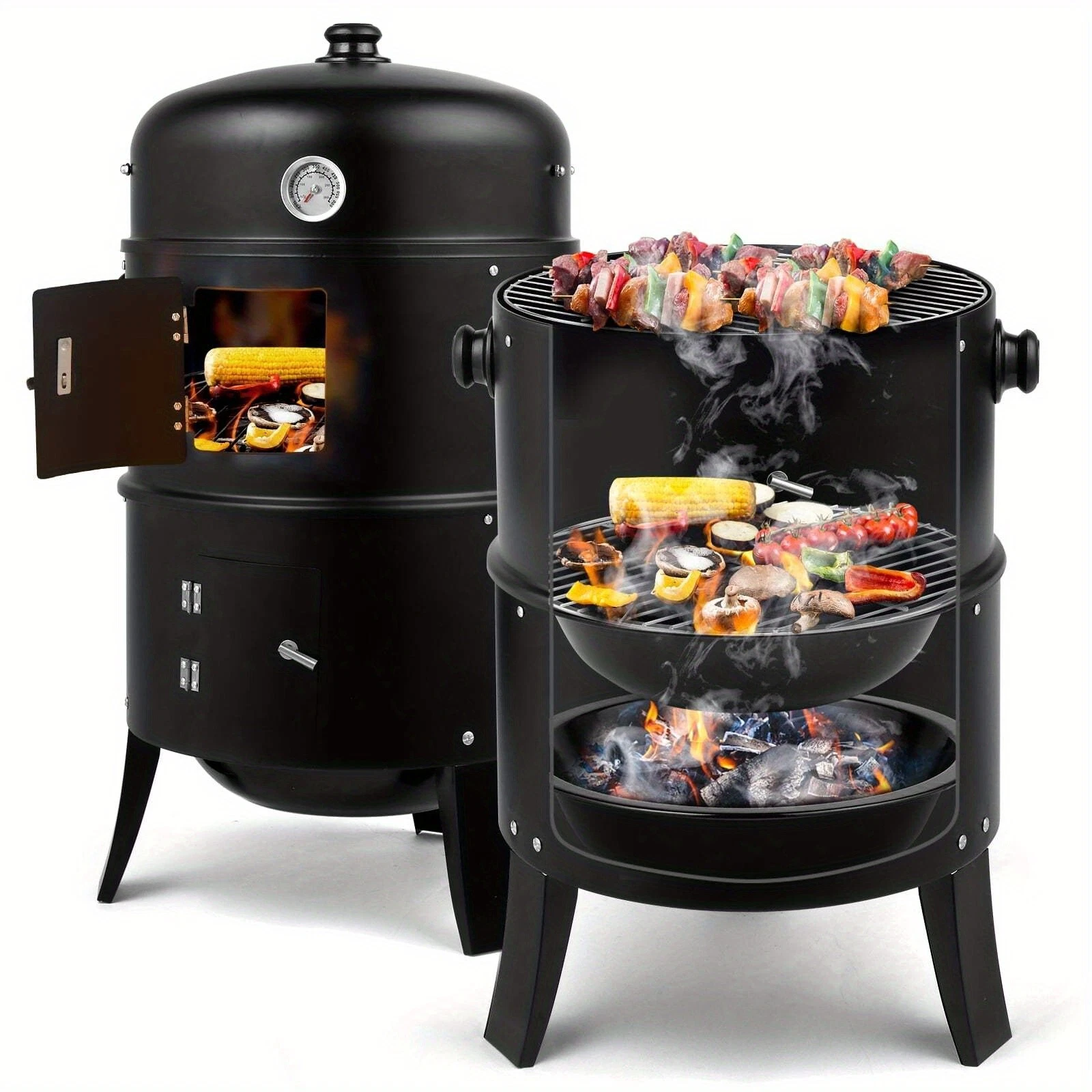 Portable 3-in-1 BBQ Charcoal Grill & Smoker with Built-in Thermometer