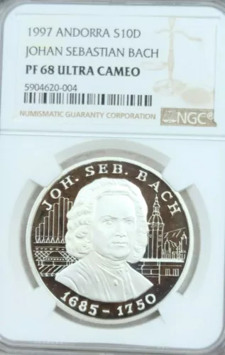 1997 ANDORRA SILVER 10 DINERS JOHAN SEBASTIAN BACH NGC PF 68 ULTRA CAMEO SCARCE