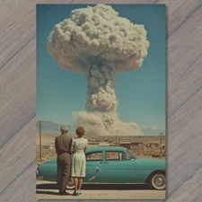 POSTCARD Desert Scene Car Atomic Nuclear Bomb Cloud Retro Style Couple Surreal