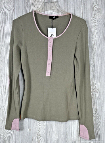 NWT & Ampersand Avenue Front Snap Henley Pullover Olive & Pink Elbow Patch Sz M - Picture 13 of 13