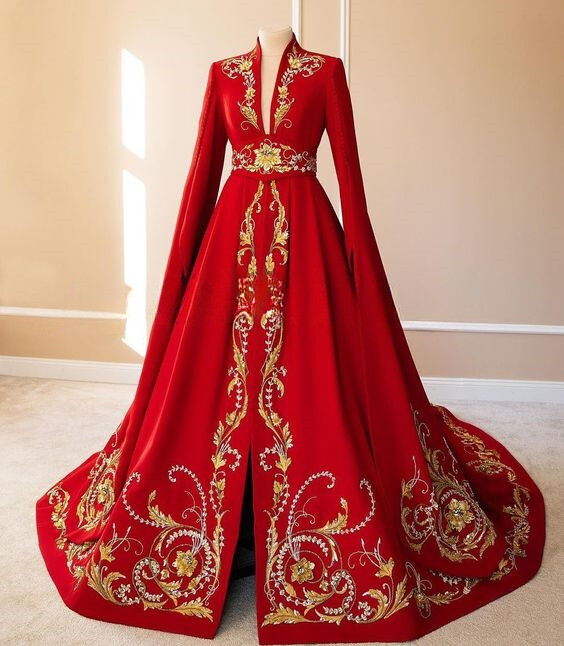Red High Neck Muslim Wedding Dress Long Sleeve Beaded Applique Bridal Gown